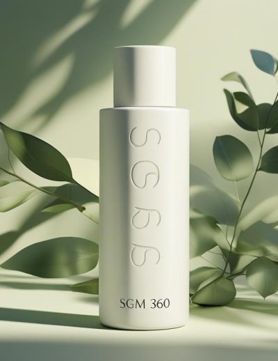 Create an image of a simple skincare bottle with soft botanical shadows in the background brand name SGM 360