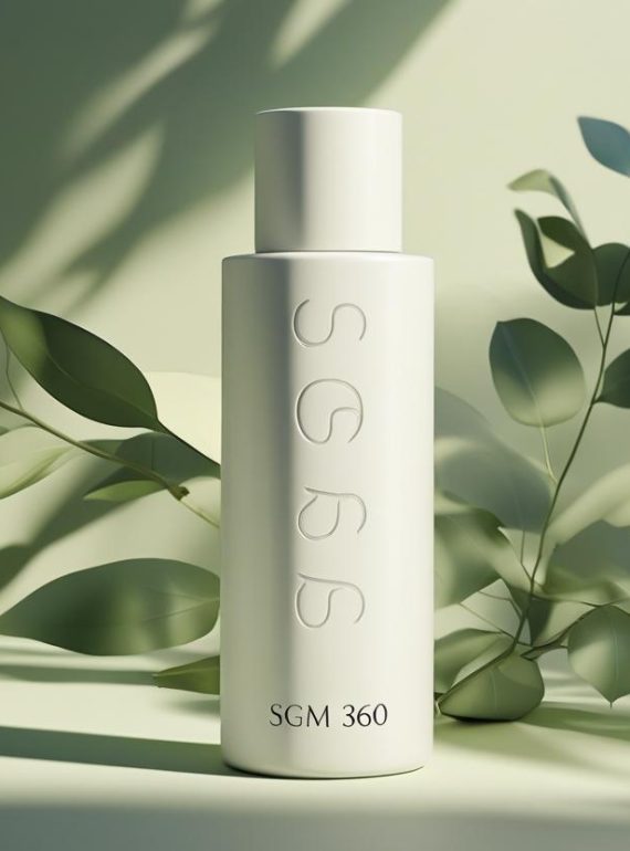 Create an image of a simple skincare bottle with soft botanical shadows in the background brand name SGM 360